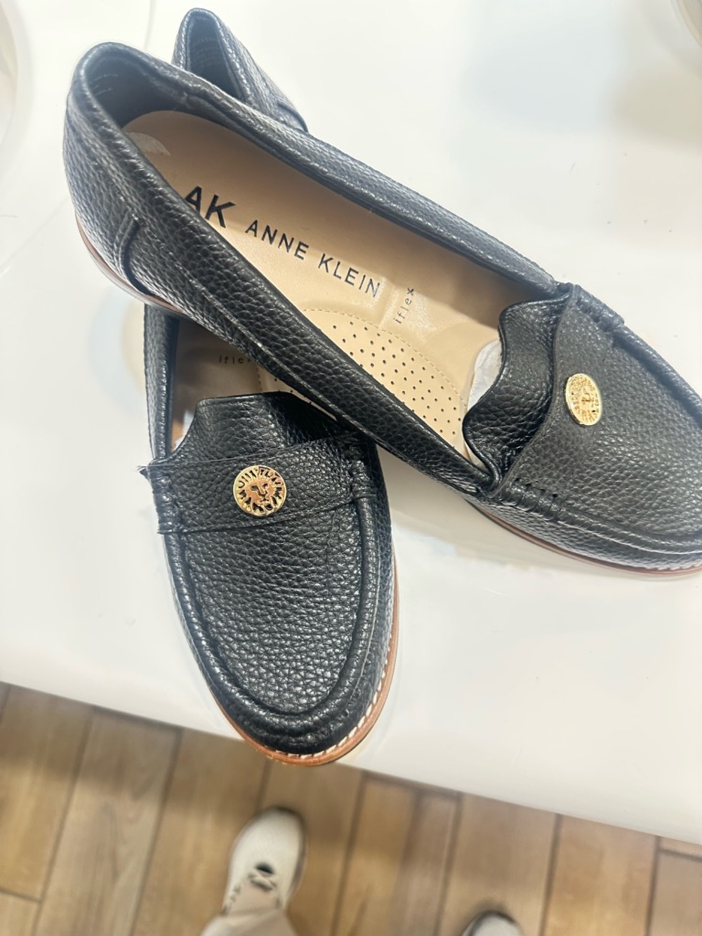 Anne Klein Black Pebbled Leather Penny Loafers with Gold Medallion - Picture 2 of 3